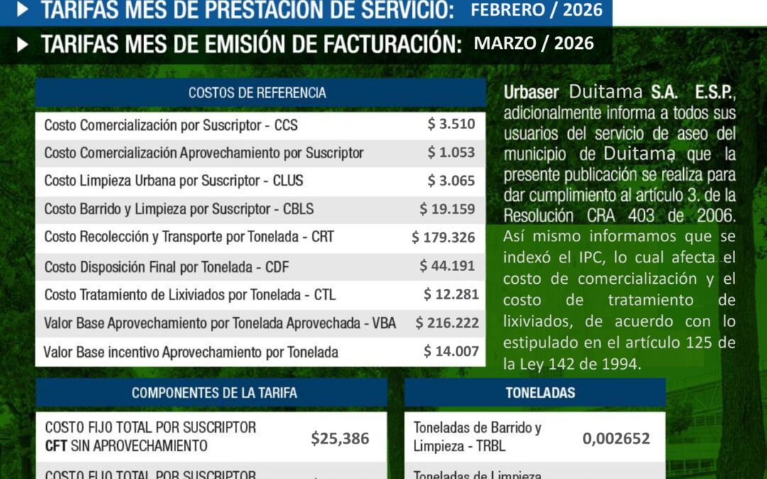 Urbaser Duitama informa las tarifas del servicio de aseo para febrero de 2026