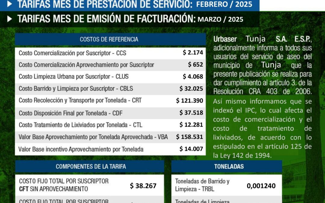 Urbaser Tunja informa las tarifas del servicio de aseo para febrero de 2026