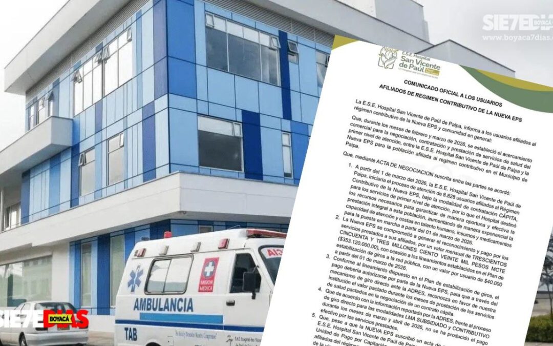 Hospital de Paipa suspenderá servicios a usuarios de Nueva EPS desde mayo por deuda millonaria