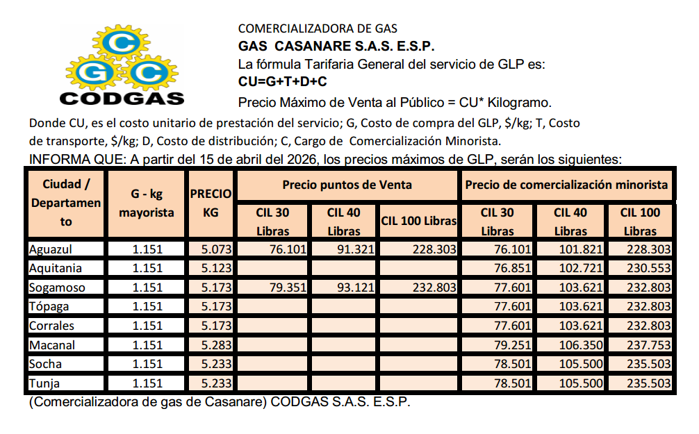 Edicto: Gas Casanare S.A.S. E.S.P. informa sus tarifas de GLP a partir del 15 de abril del 2026