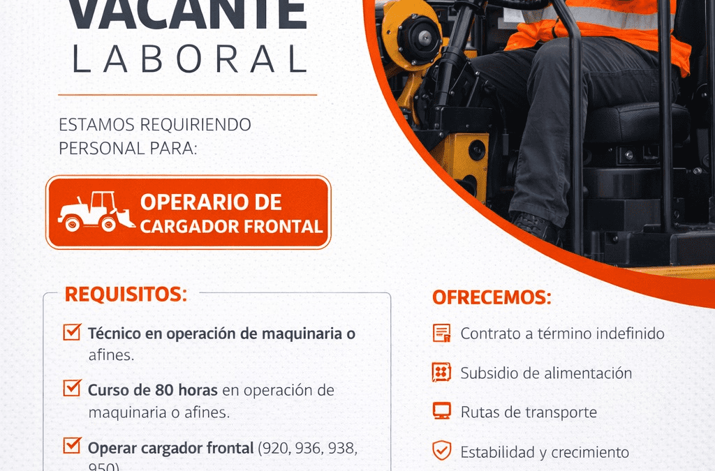 En INCARSA S.A.S. nos encontramos en la búsqueda de Operador de Cargador Frontal para nuestra operación en Guachetá, Cundinamarca.