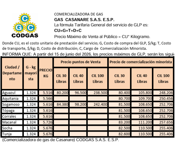 Edicto: Gas Casanare S.A.S. E.S.P. informa sus tarifas de GLP a partir del 15 de junio del 2026